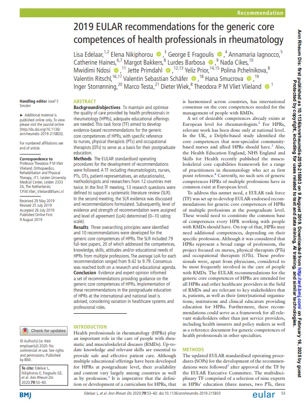 2019 EULAR recommendations for the generic core competences of health professionals in rheumatology
