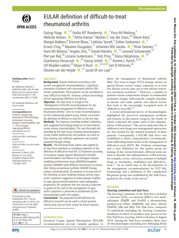 EULAR definition of difficult-to-treat rheumatoid arthritis